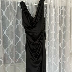 Women’s black satin dress. Mid length, flattering ruching and cowl neck